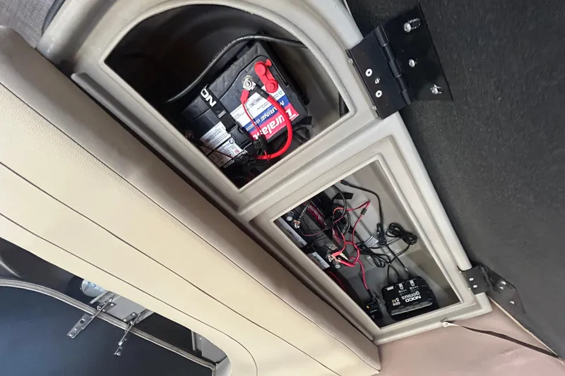 Slide: The Image of 2023 Sun Tracker Party Barge 18 DLX pontoon detail, showcasing sleek design and craftsmanship. - 19