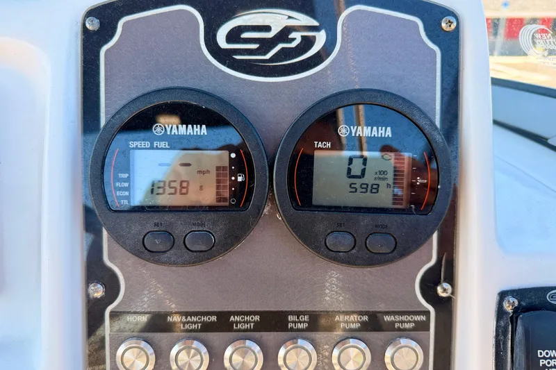 Slide: The Image of Dashboard of 2023 Sea Fox 228 Traveler boat with Yamaha gauges displaying speed and tachometer. - 15
