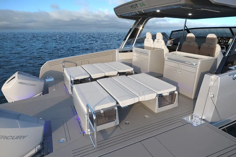 Slide: The Image of Luxurious 2025 YOT 36 boat interior with seating and ocean view. - 14