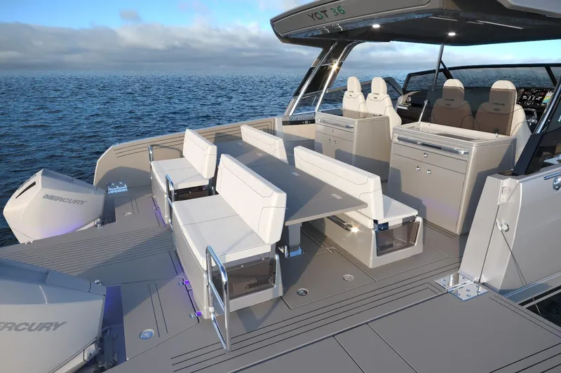 Slide: The Image of Luxurious 2025 YOT 36 boat interior with modern seating and sleek design on open water. - 15