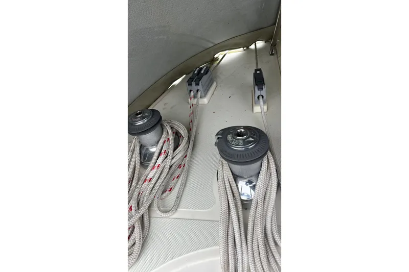 Slide: The Image of Deck rigging and winches on a 2006 Tayana Cutter sailboat. - 23