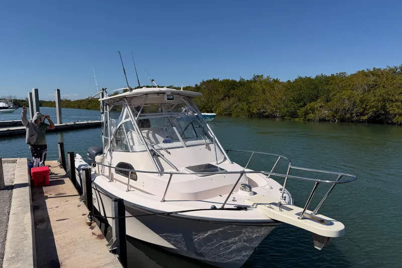 Slide: The Image of 2006 Grady-White Sailfish 282 docked by a marina with a person nearby. - 60