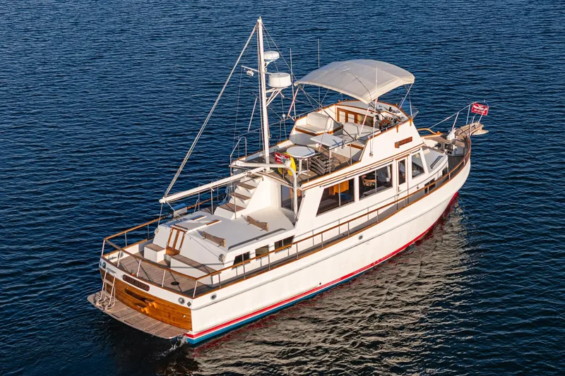 Slide: The Image of 1984 Grand Banks 42 Classic yacht on calm water, featuring elegant design and spacious deck. - 1