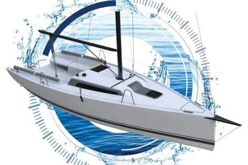 Slide: The Image of 2025 Zonda Z28 sailboat with sleek design and modern features, set against a water-themed background. - 23