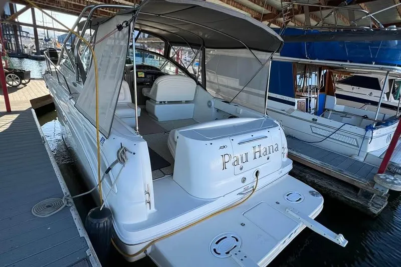 Slide: The Image of 2003 Sea Ray 290 Amberjack docked, featuring spacious deck and canopy. - 4