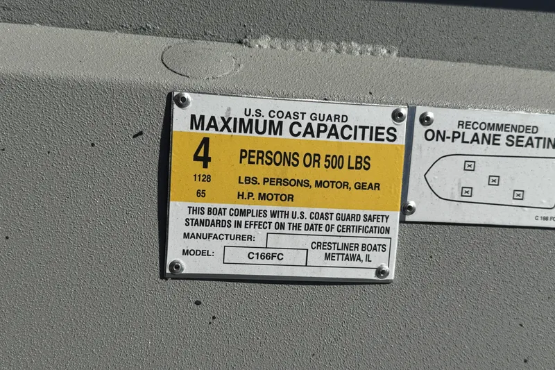 Slide: The Image of 2025 Crestliner 1660 Retriever FCC capacity label, 4 persons or 500 lbs, U.S. Coast Guard compliant. - 9