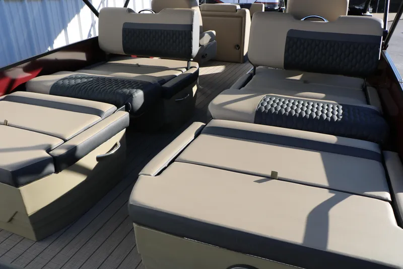 Slide: The Image of Luxurious seating on 2026 Sylvan L3 RLZ pontoon boat, featuring modern design and comfort. - 28