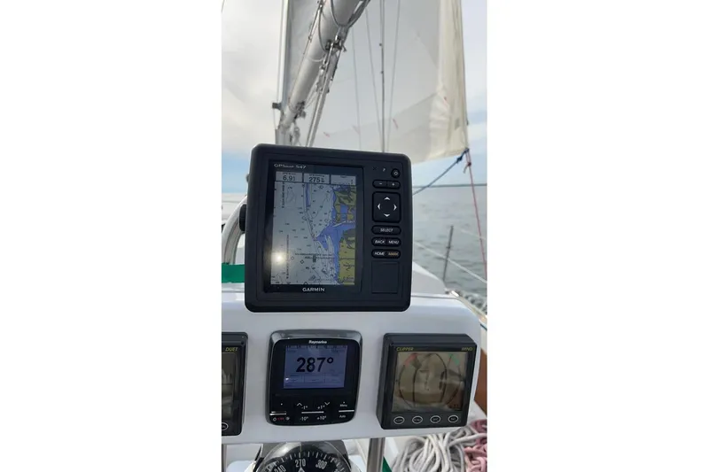 Slide: The Image of Sailing instruments on a 1981 Cape Dory 33, featuring a Garmin GPS and wind gauges. - 13