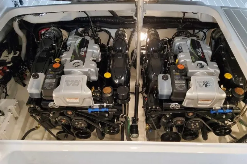 Slide: The Image of 2023 Formula 350 Crossover Bowrider I/O engine compartment with dual V8 engines. - 16