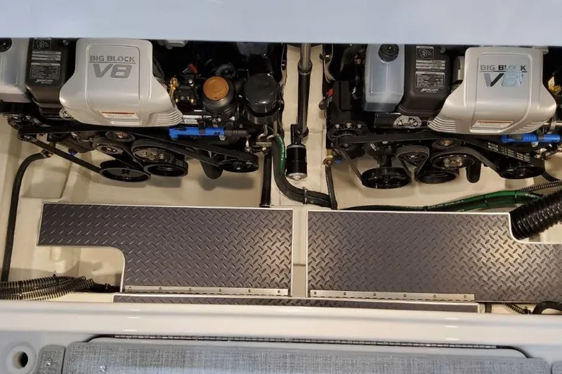 Slide: The Image of 2023 Formula 350 Crossover Bowrider I/O engine compartment with dual Big Block V8 engines. - 17