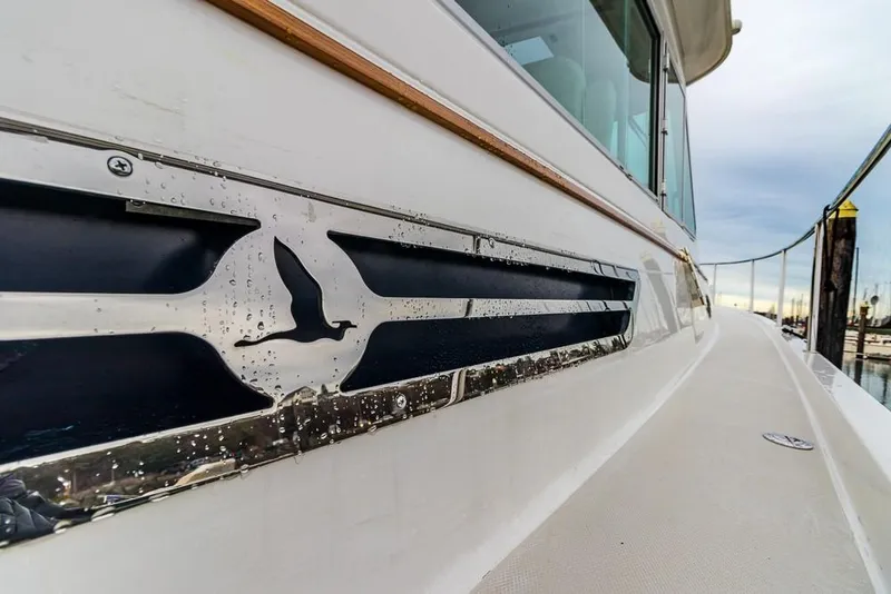 Slide: The Image of Close-up of a 2019 Back Cove 41 yacht with seagull emblem. - 41