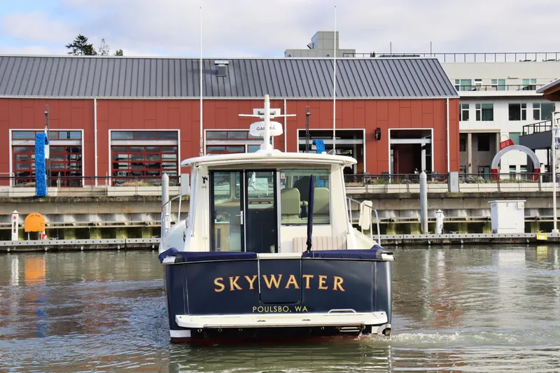 Slide: The Image of 2019 Back Cove 41 boat named "Skywater" docked in Poulsbo, WA marina. - 7