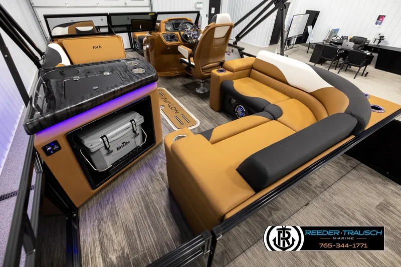 Slide: The Image of Luxurious interior of 2026 Avalon LSZ ELW pontoon boat with plush seating and modern amenities. - 11