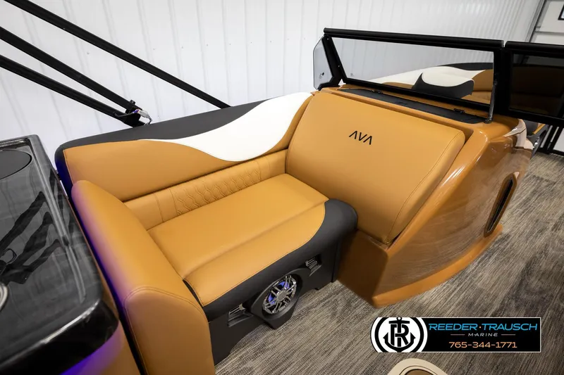Slide: The Image of 2026 Avalon LSZ ELW boat interior with tan and black seating, modern design. - 22