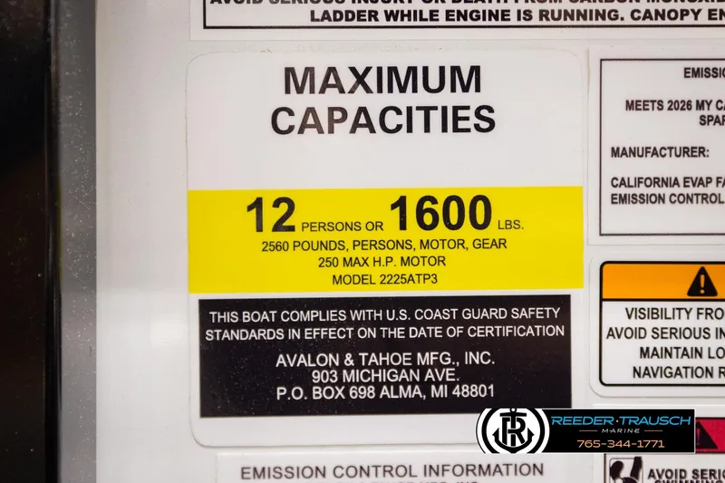 Slide: The Image of Maximum capacity label for Avalon LSZ ELW 2026 boat, 12 persons or 1600 lbs. - 53