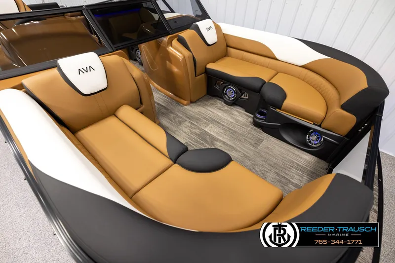 Slide: The Image of Luxurious 2026 Avalon LSZ ELW boat interior with tan and black seating, featuring modern design elements. - 9