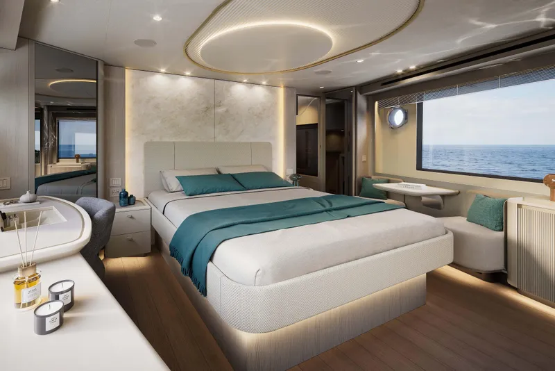 Slide: The Image of Luxurious bedroom on 2026 Absolute Navetta 66 yacht with ocean view and modern decor. - 15