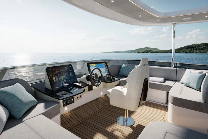 Slide: The Image of Luxurious 2026 Absolute Navetta 66 yacht cockpit with modern controls and scenic ocean view. - 6