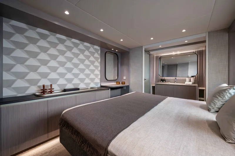Slide: The Image of Luxurious bedroom interior of 2027 Absolute Navetta 66 yacht with modern design elements. - 59