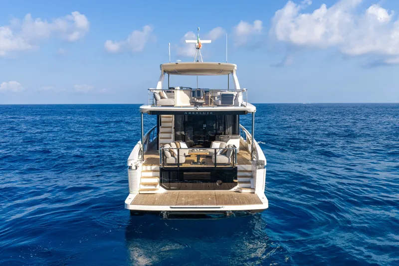 Slide: The Image of 2027 Absolute Navetta 66 yacht on open sea, rear view with clear skies. - 11