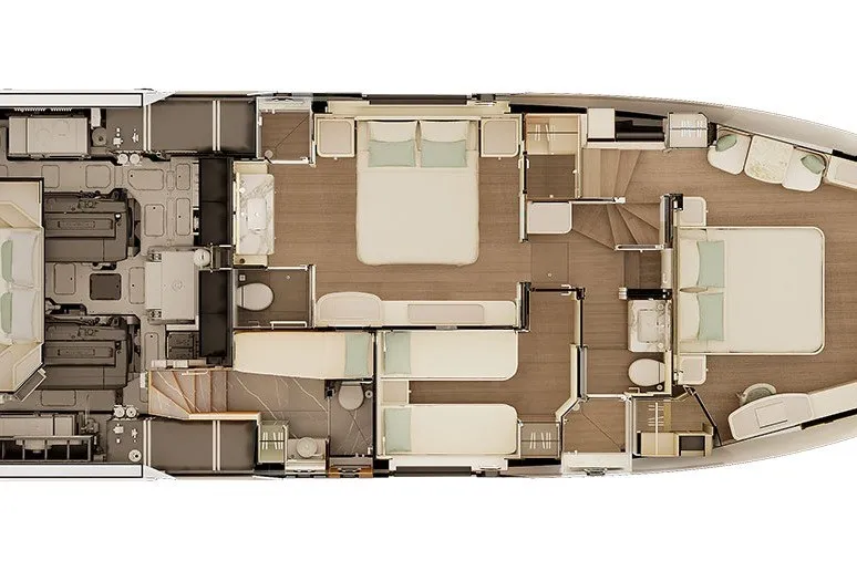 Slide: The Image of Floor plan of the 2027 Absolute Navetta 66 yacht, showcasing luxurious cabin layout. - 63