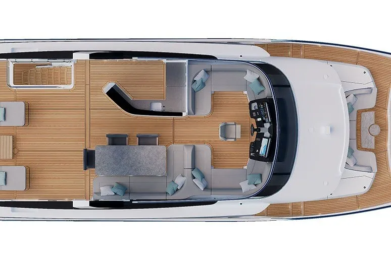 Slide: The Image of Top view of 2027 Absolute Navetta 66 yacht interior layout with seating and helm. - 65