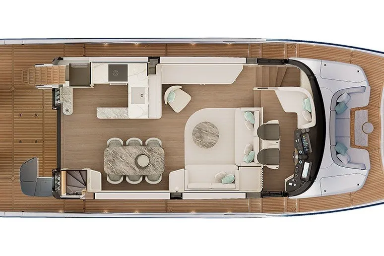 Slide: The Image of Top view of 2027 Absolute Navetta 66 yacht interior layout, featuring modern design and spacious seating. - 64