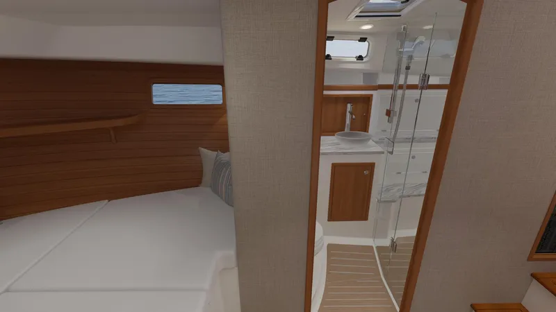 Slide: The Image of 2026 MJM 38R yacht interior with modern bathroom and cozy cabin. - 11