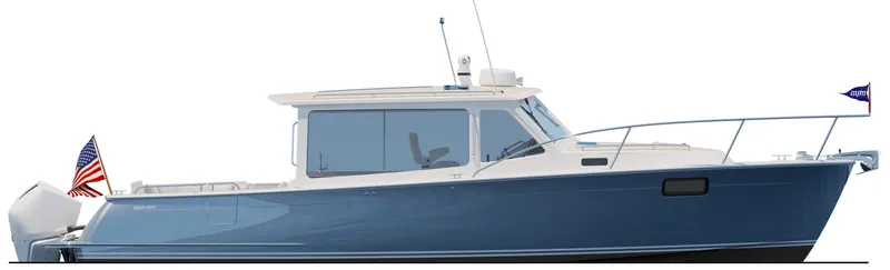 Slide: The Image of 2026 MJM 38R boat, sleek design, blue hull, American flag, modern cabin, side view. - 12