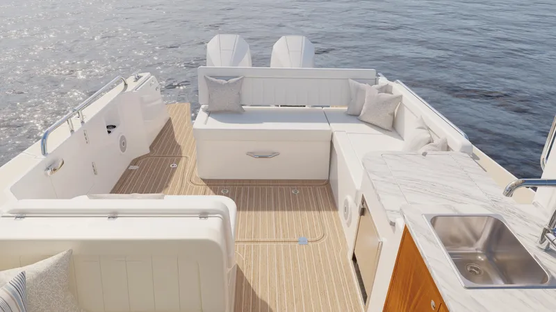 Slide: The Image of Luxurious 2026 MJM 38R yacht interior with elegant seating and modern amenities on open water. - 7
