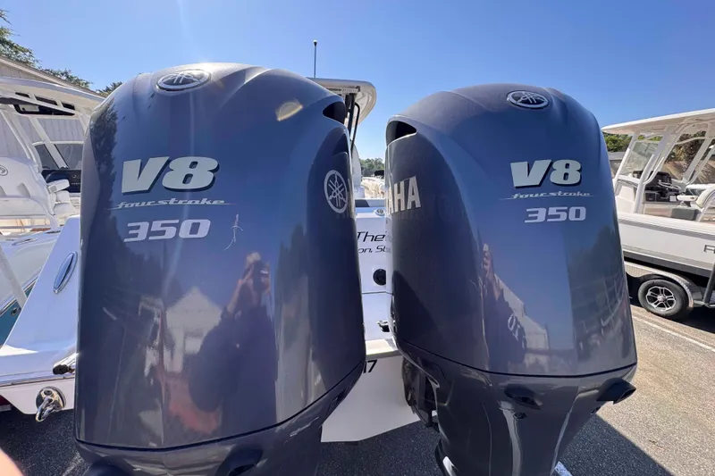 Slide: The Image of Twin Yamaha V8 350 outboard engines on a 2020 Tidewater 320 CC Adventure boat. - 28