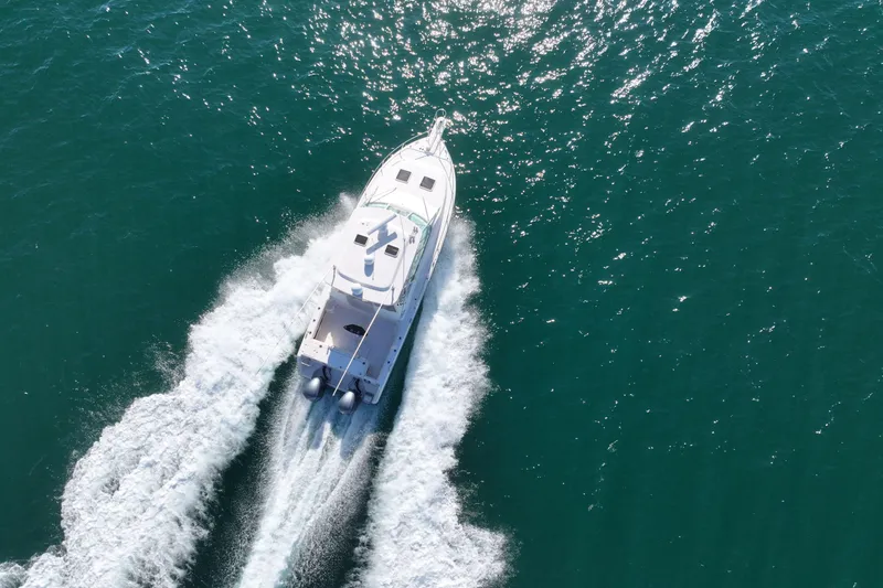 Slide: The Image of Aerial view of 2008 Grady-White Express 360 cruising on open water. - 20