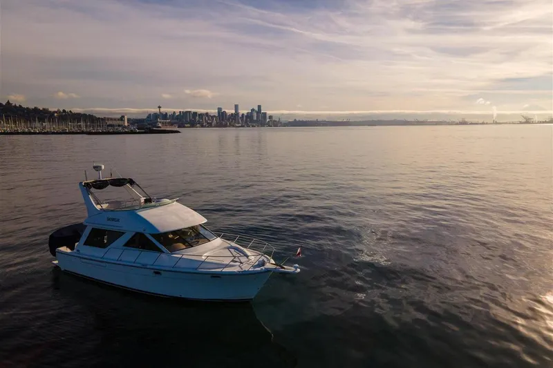 Slide: The Image of 2002 Bayliner 3988 Command Bridge Motoryacht cruising near city skyline at sunset. - 2