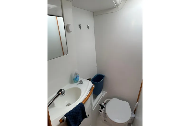 Slide: The Image of 2006 Lagoon 410-S2 yacht bathroom with sink, mirror, and toilet. - 18