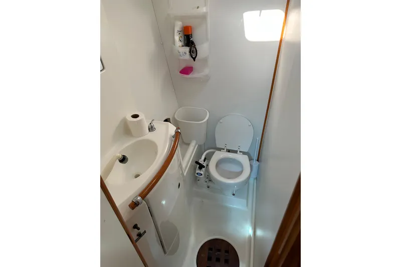 Slide: The Image of Compact bathroom in a 2006 Lagoon 410-S2 yacht, featuring sink and toilet. - 20