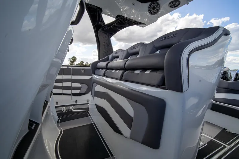 Slide: The Image of Luxury seating on 2020 MTI V42 boat, featuring sleek design and premium materials. - 39