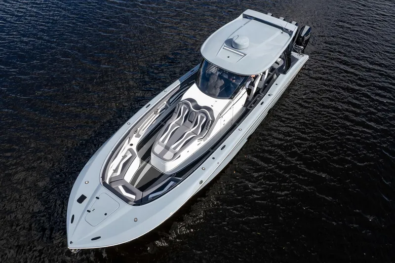 Slide: The Image of 2020 MTI V42 luxury boat on water, aerial view. - 61
