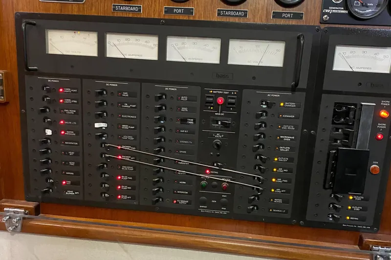 Slide: The Image of Electrical control panel on a 1987 Jarvis Newman / Lyman Morse 46' Flybridge Cruiser. - 96