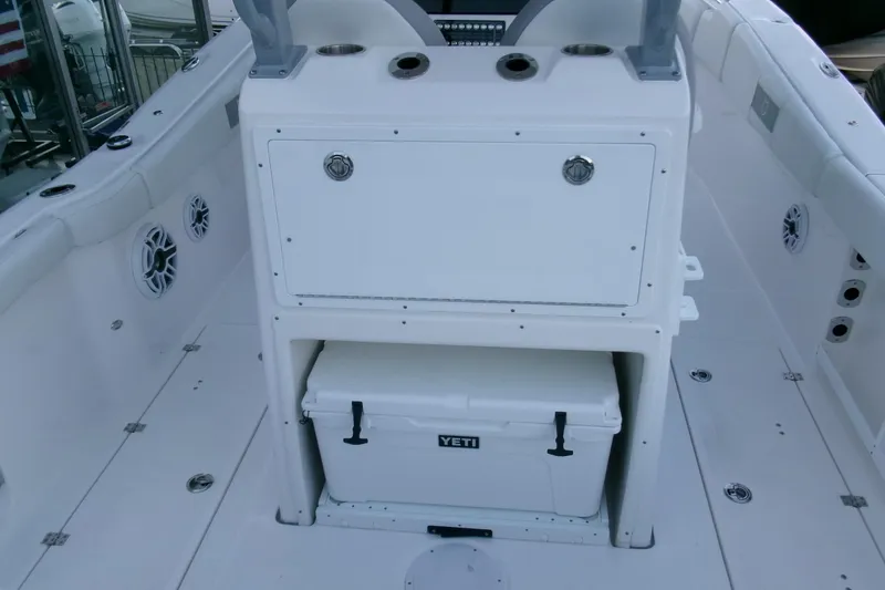 Slide: The Image of 2026 Sea Fox 288 Commander boat interior with storage and Yeti cooler. - 31
