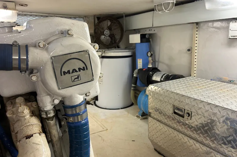 Slide: The Image of Engine room of 1997 Viking 58 Enclosed Bridge yacht with MAN engine components. - 29