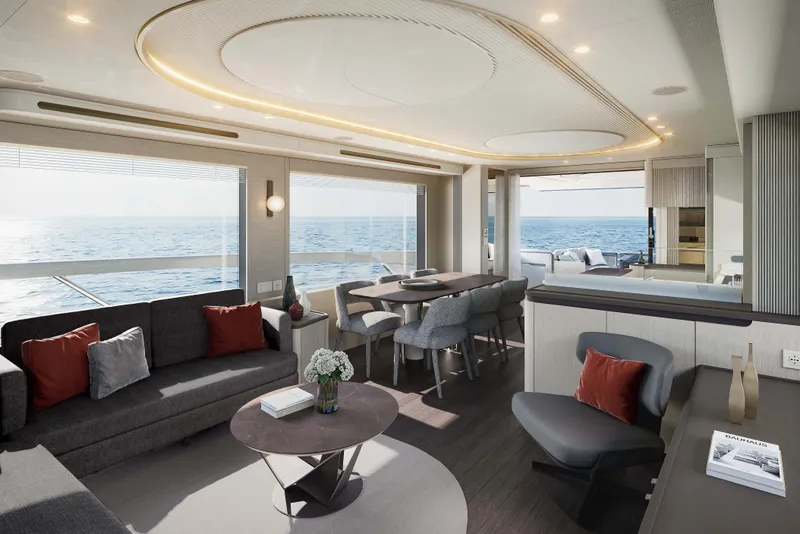 Slide: The Image of Luxurious interior of 2026 Absolute Navetta 66 yacht with ocean view and modern furnishings. - 10