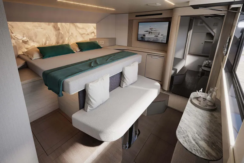 Slide: The Image of Luxurious interior of 2026 Absolute Navetta 66 yacht with modern bedroom design. - 13