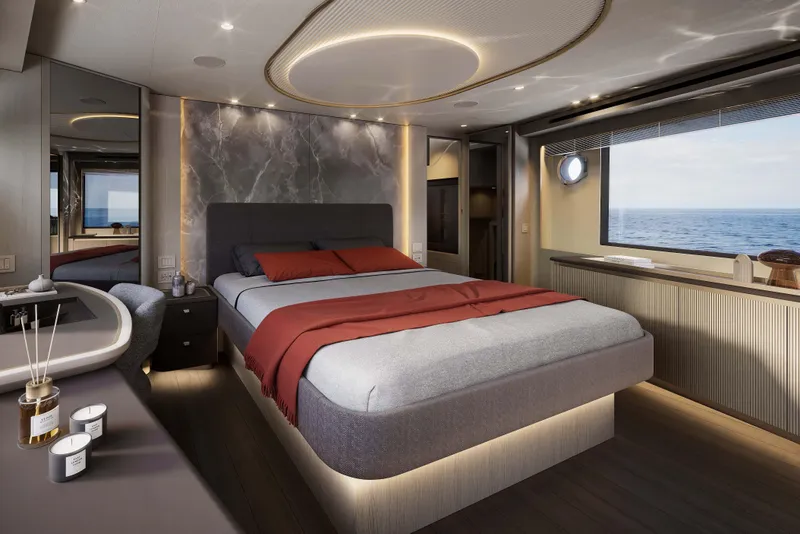 Slide: The Image of Luxurious bedroom interior of 2026 Absolute Navetta 66 yacht with ocean view. - 18