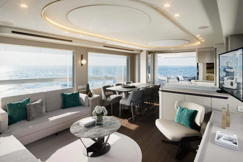 Slide: The Image of Luxurious interior of 2026 Absolute Navetta 66 yacht with ocean view and modern furnishings. - 8