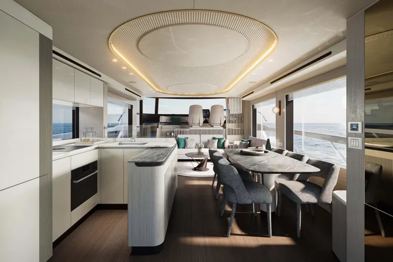 Slide: The Image of Luxurious interior of 2026 Absolute Navetta 66 yacht with modern kitchen and dining area. - 9