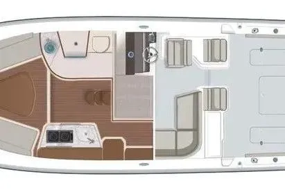 Slide: The Image of 2023 Pursuit OS 355 Offshore boat layout, featuring cabin and deck design. - 12