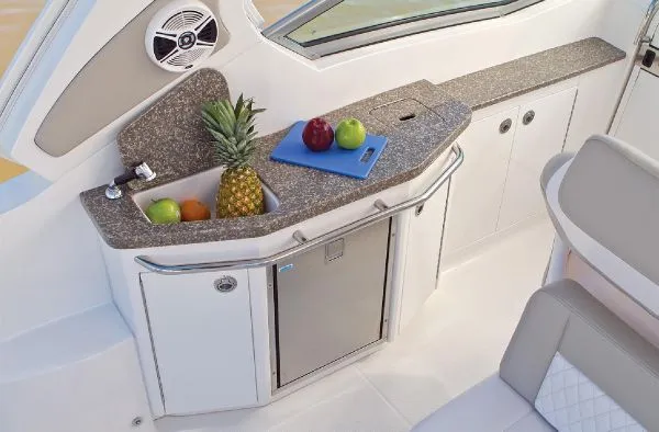 Slide: The Image of Manufacturer Provided Image: Chaparral 310 Signature 2011 boat kitchenette with sink, fruits, and mini fridge. - 3