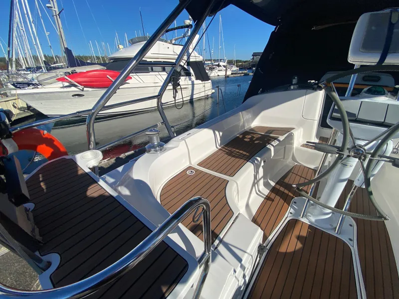 Slide: The Image of Hunter 38 sailboat cockpit, 2006 model, docked at marina. - 9