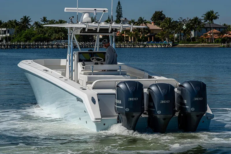 Slide: The Image of 2017 Venture 39 Open boat with triple Yamaha 300 engines cruising on a sunny day. - 16