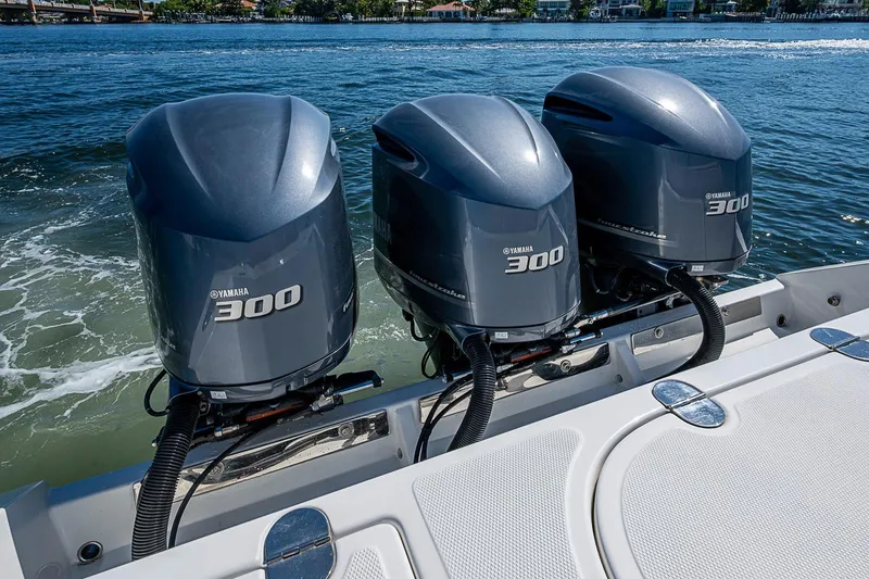 Slide: The Image of Triple Yamaha 300 outboard engines on a 2017 Venture 39 Open boat. - 42